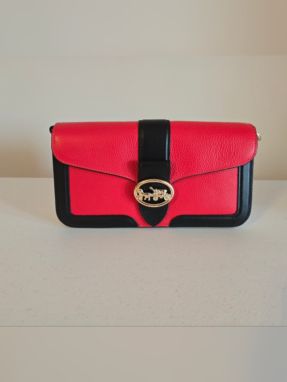 NWT Coach Georgie Shoulder Bag Bright Poppy Red Black Multi Colorblock Leather